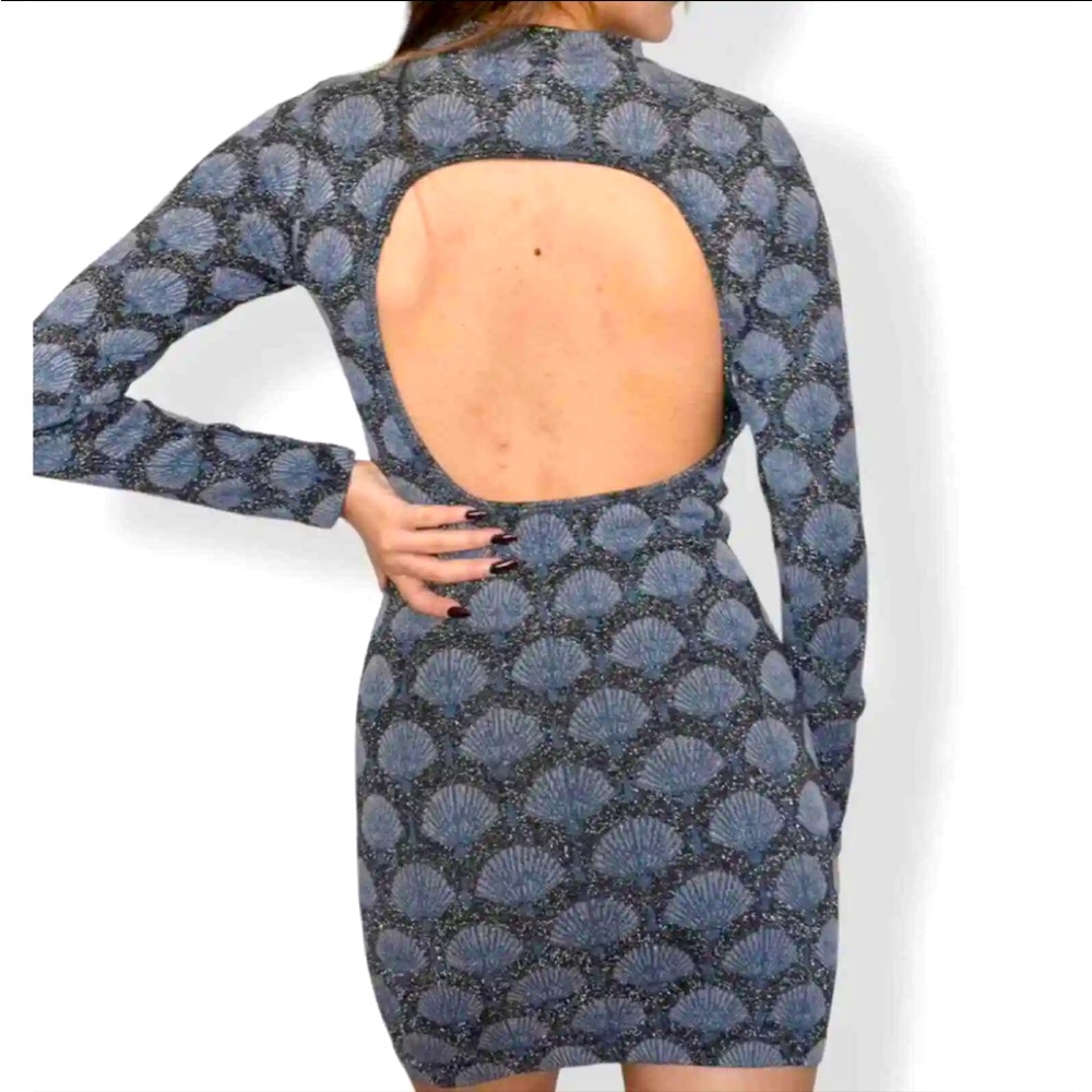 Zara Jacquard Med Navy Blue Seashell Metallic High Neck Open Back Bodycon Dress